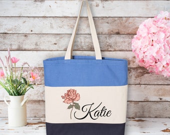 Custom Flower Tote with Name, Personalized Birth Flower Tote Bag, Mothers Day Gifts for Her, Canvas Floral Shopping Bag, Cute Shoulder Bag