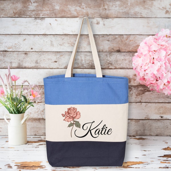 Custom Flower Tote with Name, Personalized Birth Flower Tote Bag, Mothers Day Gifts for Her, Canvas Floral Shopping Bag, Cute Shoulder Bag