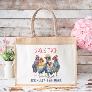 Girls Trip Name Tote, Personalized Weekend Tote for Her, Girl Group Gifts, Chic Tote Bag, Canvas and Jute Shoulder Tote, Girls Party Tote