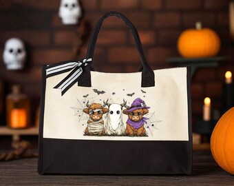 Highland Cow Halloween Tote Bag, Spooky Cow Trio with Pocket, Cute Farmhouse Fall Bag, Autumn Market Tote, Cow Lover Gift