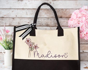 Custom Floral Tote, Personalized Canvas Tote, Gift for Her, Birth Month Flower Bag, Customized Tote Bag, Reusable Shopping Bag, Gift for Mom