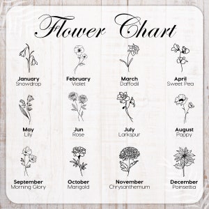 May include: A chart showing the birth month flowers. Each month is represented by a black and white line drawing of a flower. The months are listed in order from January to December. The flowers are: Snowdrop, Violet, Daffodil, Sweet Pea, Lily, Rose, Larkspur, Poppy, Morning Glory, Marigold, Chrysanthemum, and Poinsettia.