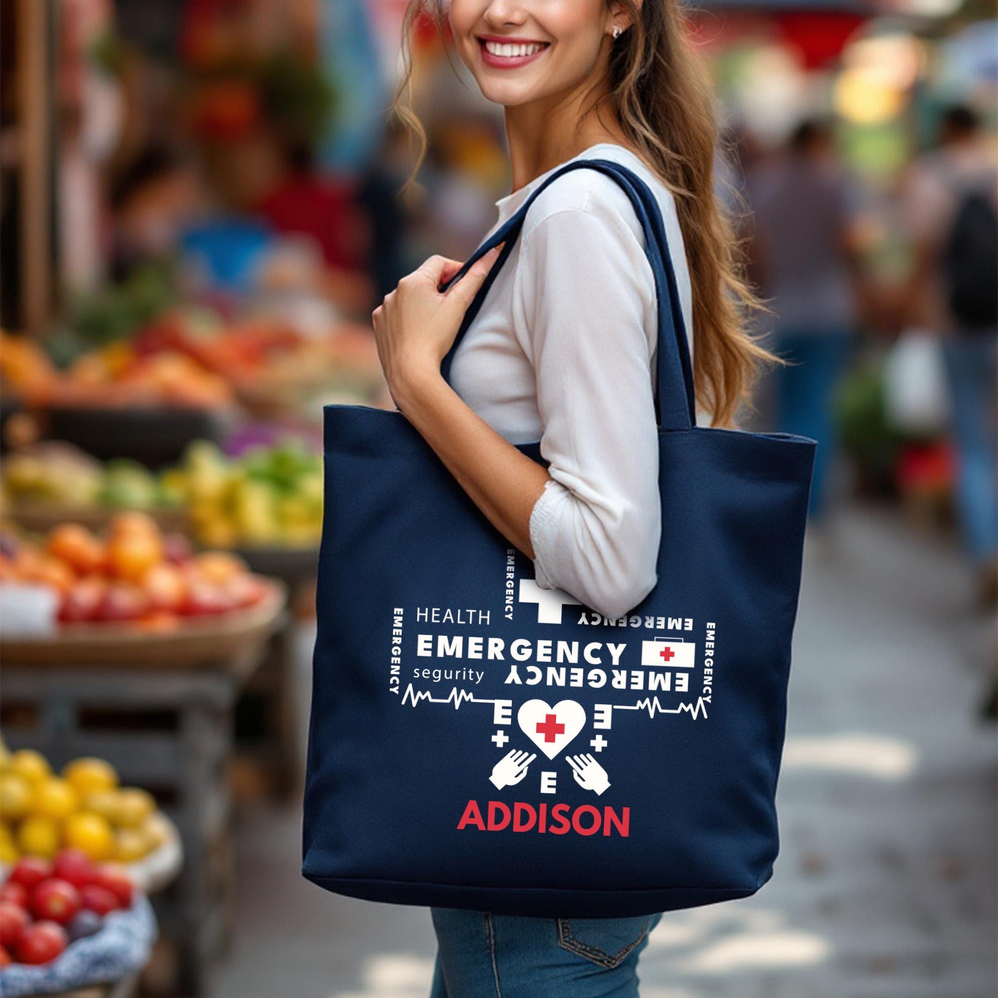 Emergency Medical Tote with Name, Custom EMT Nurse Bag, Personalized Health Worker Gift, Zipper Canvas Bag for Hospital, Nurse Tote Bag