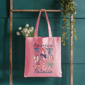 Personalized America Bow Tote Bag, Custom Name Patriotic Canvas Bag, 4th of July Gift, USA Flag Inspired Tote, Independence Day Bag