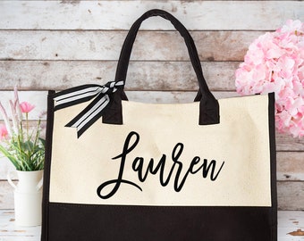 Tote de nombre personalizado, regalo del Día de las Madres, lindo regalo para ella, bolso de hombro personalizado, bolsa de comestibles reutilizable, bolso de mano inicial, tote de lona personalizado