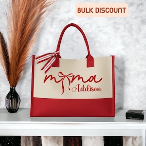 Personalized Coquette Mama Boat Tote with Ribbon, Custom Name Bow Bag, Structured Canvas Travel Bag, Heavy Duty Mothers Day