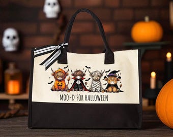 Highland Cow Halloween Tote Bag, Mood for Halloween Pun, Cute Farmhouse Fall Bag, Autumn Market Tote, Cow Lover Gift
