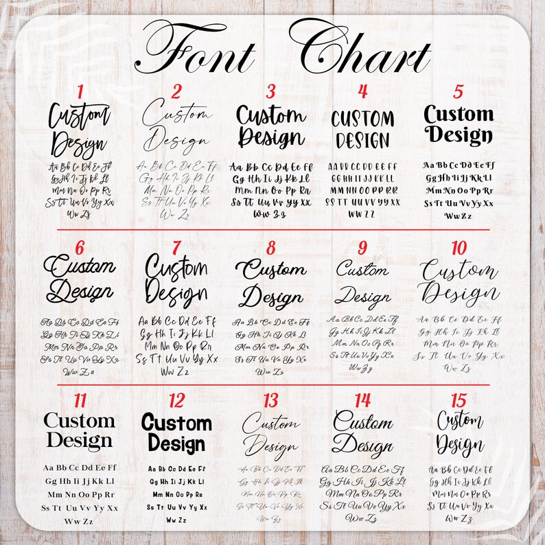 May include: A chart with 15 different font styles labeled "Custom Design" with the letters of the alphabet listed below each font style.