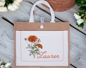 Personalized Birth Flower Tote Bag, Mother’s Day Gift, Custom Name Canvas Bag, Bridesmaid and Bachelorette Party Gift, Daily Tote for Mom