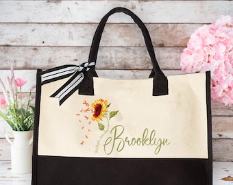 MS Awareness Tote Bag, Sunflower Tote with Custom Name, Personalized Multiple Sclerosis Bag, MS Fighter Canvas Bag, Inspirational Tote