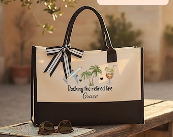 Sac fourre-tout coloré personnalisé pour une retraite, Cadeau de retraite avec nom personnalisé, Sac de voyage à prix réduit pour les gros, Fourre-tout pour vacances tropicales