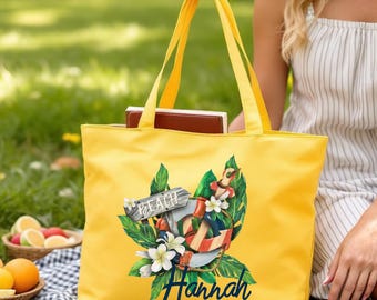 Tropical Beach Tote with Name, Summer Canvas Zippered Bag, Personalized Travel Gift for Women, Daily Use Vacation Tote Bag,