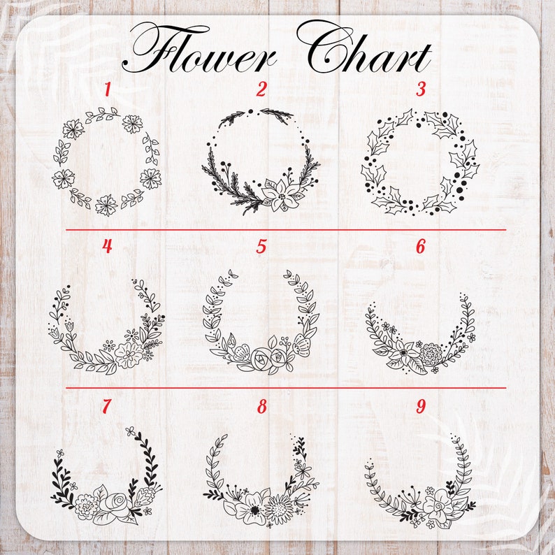 May include: A chart with nine different floral wreath designs, numbered 1 through 9. Each wreath is a black and white outline of various flowers and leaves.