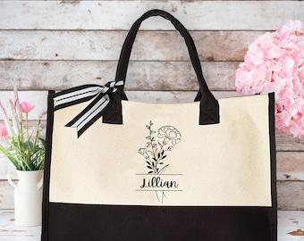 Personalized Birth Flower Tote Bag, Mothers Day Gifts For Her, Custom Name Tote Bag, Shoulder Canvas Tote Bag, Shopping Tote, Beach Tote Bag