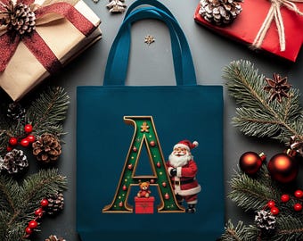 Initial Canvas Bag, Letter Tote Bag, Christmas Decoration Bag, Shoulder Tote, Gift For Her, Christmas Gift, Daily Tote Bag, Santa Claus Tote