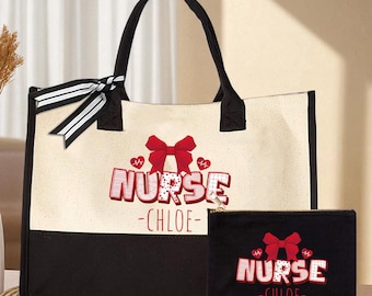 Personalized Nurse Tote Bag and Makeup Pouch, Nurse Gift Set, Custom Name Nurse Bag, Appreciation Gift for Nurses, Cute Nurse Accessory
