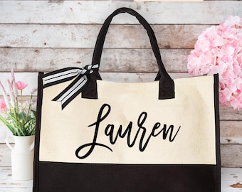 Personalized Name Tote Bag, Custom Canvas Tote with Name, Burlap Beach Bag, Bridesmaid Proposal Gift, Monogrammed Gift for Her