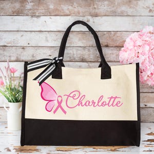 Cancer Fighter Canvas Tote, Personalized Shoulder Bag, Personalized Tote Bag, Grocery Bag, Pink Ribbon Tote, Cancer Supporter Bag