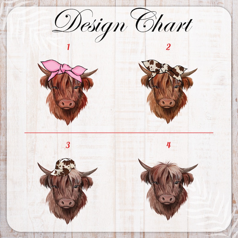 K&ouml;nnte beinhalten: Design-Tabelle mit vier Bildern von schottischen Hochlandrindern mit verschiedenen Accessoires. Die erste Kuh tr&auml;gt ein rosa Bandana, die zweite ein braun-wei&szlig;es Bandana, die dritte einen braun-wei&szlig;en Cowboyhut und die vierte hat keine Accessoires.