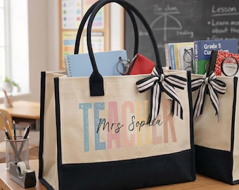 Personalized Pastel Teacher Tote Bag, Custom Name Retro Teacher Gift, Large Elegant Teacher Canvas Bag, Soft Aesthetic Educator Gift