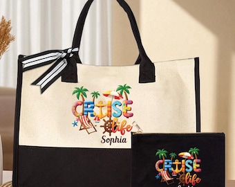 Cruise Life Personalized Beach Tote and Makeup Bag Set, Custom Name Vacation Gift for Women, Tropical Cruise Essentials Bag, Gifts for Her