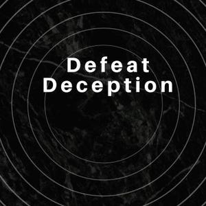 Puede incluir: Gráfico en blanco y negro con las palabras "Defeat Deception" en blanco, centradas en la imagen. El fondo tiene una textura similar al mármol con círculos blancos concéntricos. La parte inferior de la imagen contiene el texto: "A Bible study from Dr. Jay Cook" y una dirección web.