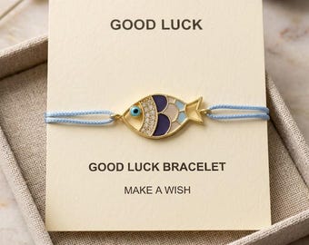 Good Luck Gift, Evil Eye Protection, Gold Enamel Fish Bracelet, Adjustable String, Wish Card
