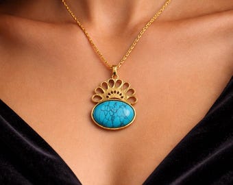 Filigree Turquoise Pendant Necklace, Gold Plated Ottoman Boho Style, Large Oval Stone, Halef Necklace