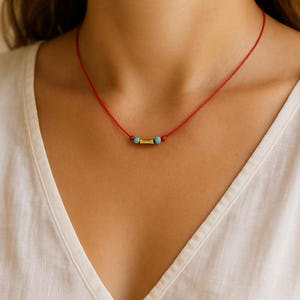 Red String Necklace with Gold Bead & Turquoise | Handmade Dainty Adjustable Minimalist Choker