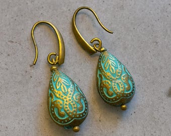 Bohemian Turquoise Drop Earrings: Hand-Painted Gold Brass Dangles