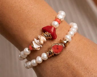 Conjunto de pulseras de perlas y coral, joyería de perlas de agua dulce, pulsera de coral rojo, joyería de verano, conjunto de pulseras estilo boho, regalo costero