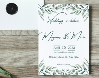 Eucalyptus Wedding Invitation, eucalyptus wedding invitation template, Editable Greenery leaves wedding invites Dowload, Printable, DIY