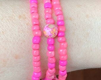 Set of 3 Handmade Pink Seed Bead Stretch Bracelets