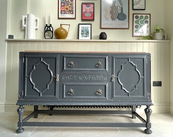 Painted Ornate Oak Sideboard With Carvings & Turned Legs In Grey