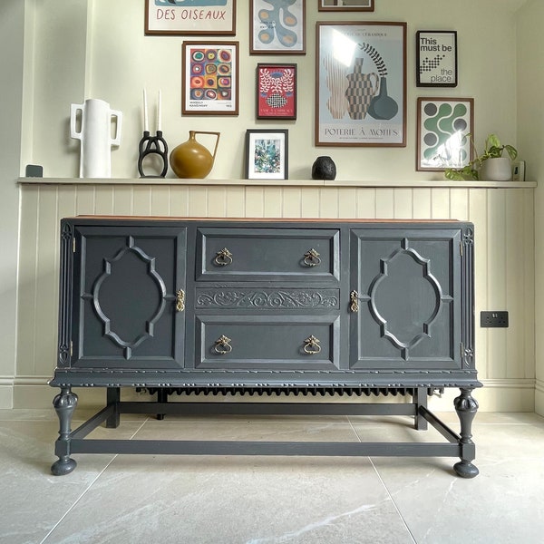 Painted Ornate Oak Sideboard With Carvings & Turned Legs In Grey