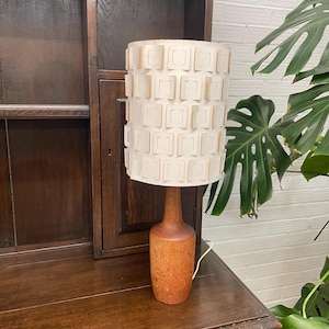 Vintage Mid-Century Teak Table Lamp | Scandinavian Wooden Lamp with Geometric Shade | 1960s MCM Retro Lighting