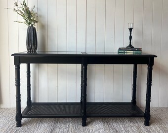 SOLD****Jet Black Entry Table with Glass and Cane