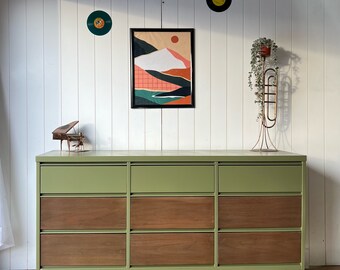 SOLD**Green MCM 9-Drawer Dresser