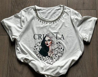 Camiseta con estampado Ursula, Grimilde, Cruella o Maléfica con decoración de strass