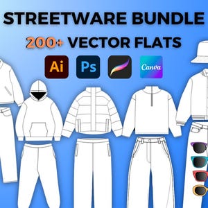 Paquete de maquetas de ropa urbana y vectores de moda: paquete de plantillas de tecnología de diseño de moda: Procreate: maquetas PNG de Canva y planos vectoriales de moda