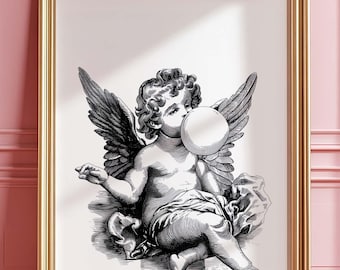 Impresión digital de arte de pared de coqueta, arte de pared de querubín para dormitorio, regalo de arte imprimible divertido para apartamento, chicle femenino Y2K rococó