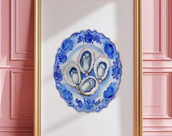 Oyster WALL ART PRINT Coastal Chinoiserie Decor Art Digital Download, Grand Millennial Blue White Watercolor Kitchen Decor Dining Room Art