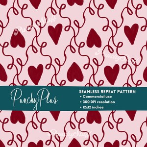 May include: Seamless repeat pattern featuring burgundy hearts and swirling lines on a light pink background. The design includes the text "Punchy Plus" and details: commercial use, 300 DPI resolution, and 12x12 inches.