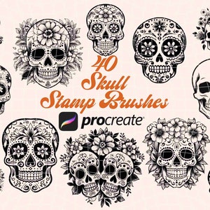 Totenkopf Stempel Pinsel Set für Procreate | Digitale Bastelstempel Kommerzielle Nutzung | Tag der Toten Sugar Skulldia de los Muertos Aesthetic | Tattoo