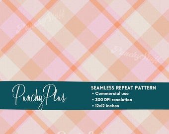 Papel digital con estampado primaveral sin costuras en cuadros rosa melocotón, cuadros vichy diagonales, ideal para sublimación y manualidades con envoltorios de vasos.