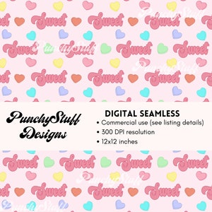 ARCHIVO SIN COSTURAS Pastel Candy Hearts Patrón ilustrado Repetición, San Valentín, Pascua, Primavera Sublimación sin costuras, envolturas de vaso, tela