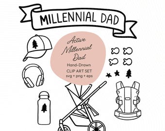 Conjunto de imágenes prediseñadas dibujadas a mano para padres millennials / SVG PNG EPS / Pegatinas y tarjetas de regalo para el Día del Padre