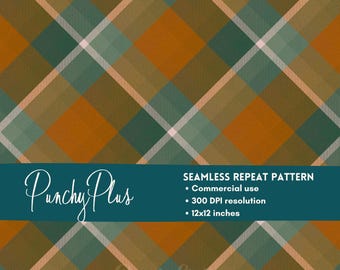 Rust Green and Caramel Plaid Seamless Pattern: Cozy Autumn Tartan Digital Paper, Fall Checkered Texture