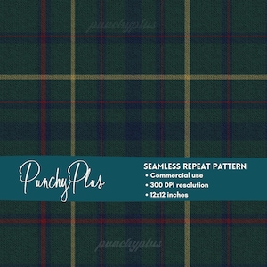 Puede incluir: Patrón de repetición sin costuras en un diseño de cuadros clásico. El patrón presenta un fondo verde oscuro con líneas que se cruzan en rojo, amarillo y azul marino. El patrón mide 30,48 x 30,48 cm. El texto "Punchy Plus" está incluido.