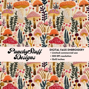 Fichier de motif sans couture Faux broderie Woodland Mushroom | Téléchargement numérique | Esthétique Cottagecore 3D | Sublimation, tissu artisanal